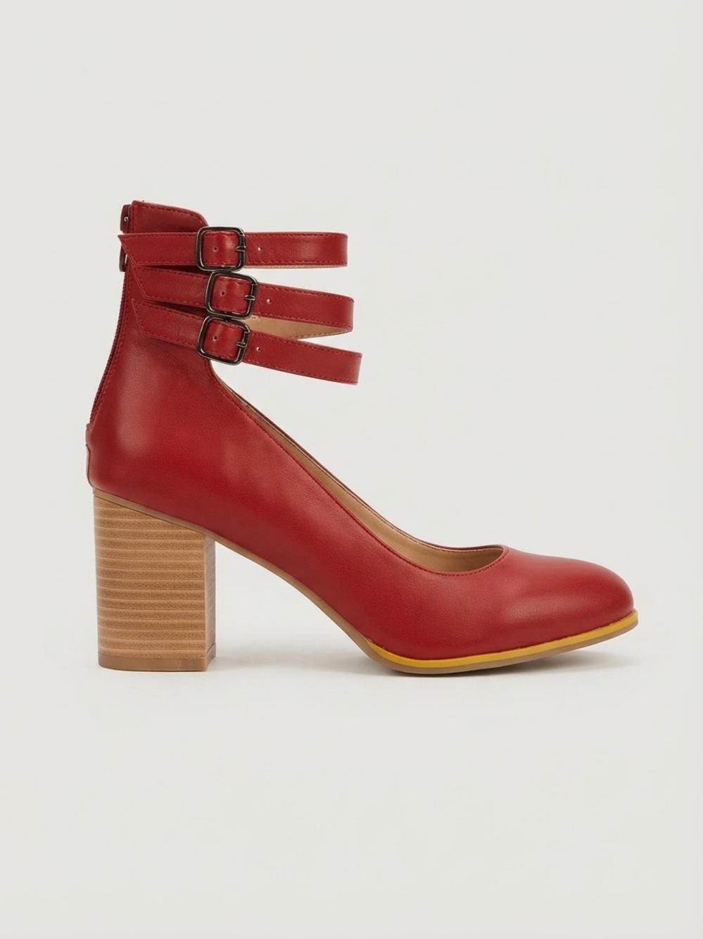 Red Triple-Strap Block Heel Pumps